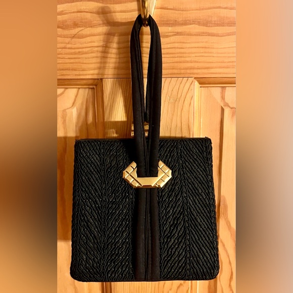 Estate Handbags - Vintage 1950s Black Corde Rigid Box Purse MCM Gold Geometric Clasp Evening Bag